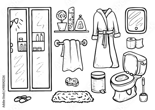 Bathroom hand drawn doodle. Toilet interior. Shower, robe, towel, mirror, rug, toilet paper, trash can, slippers. Home decor, furniture. Vector outline line art illustration.
