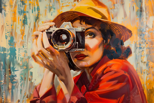 Glamorous woman photographer taking pictures. Old retro painting style illustration.