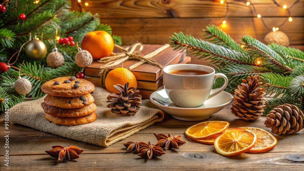 Inviting winter scene featuring a delightful arrangement of cookies, tea, oranges, pine cones, books, and festive decorations, evoking a sense of cozy Christmas warmth and tranquility. Inviting winter scene featuring a delightful arrangement of cookies, tea, oranges, pine cones, books, and festive decorations, evoking a sense of cozy Christmas warmth and tranquility.