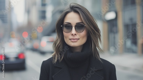 Confident Young Woman Stands on Urban Street in Winter Attire on a Gloomy Day