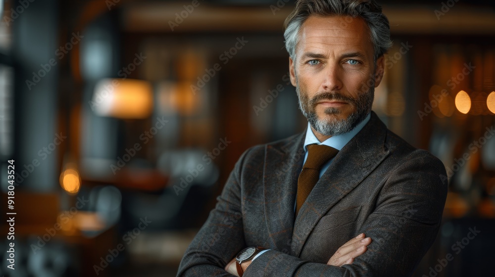 Confident businessman in a stylish suit posing indoors at a modern upscale venue Confident businessman in a stylish suit posing indoors at a modern upscale venue