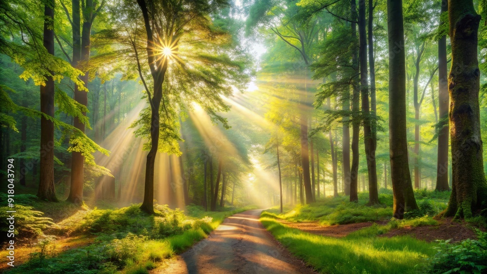 Obraz premium Majestic sunbeams illuminate a serene forest landscape, with vibrant green trees, gentle mist, and a winding path, evoking a sense of tranquility and wonder.