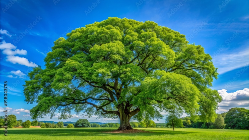Mature English Elm tree Ulmus procera stands tall with sprawling branches and lush green foliage against a clear blue summer sky. Mature English Elm tree Ulmus procera stands tall with sprawling branches and lush green foliage against a clear blue summer sky.