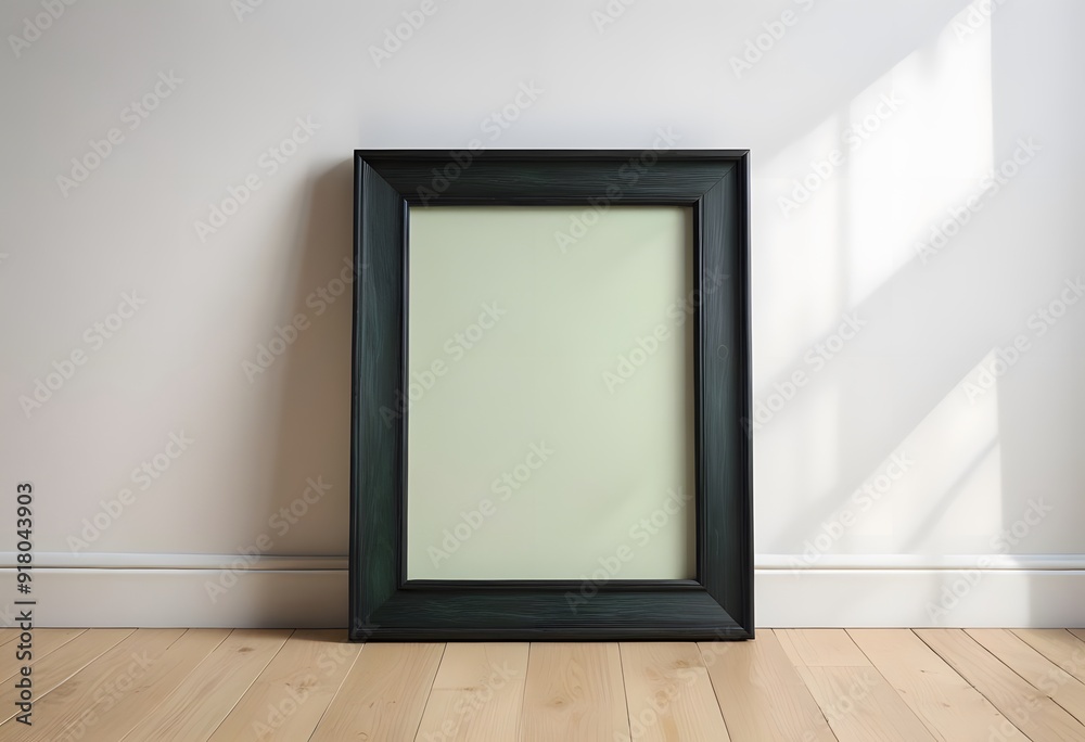A black picture frame on a wooden floor against a white wall A black picture frame on a wooden floor against a white wall