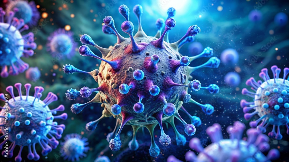 Microscopic view of a virus particle, blue and purple hues, infecting a cell, with tendrils spreading, causing harm and disrupting normal cellular function. Microscopic view of a virus particle, blue and purple hues, infecting a cell, with tendrils spreading, causing harm and disrupting normal cellular function.