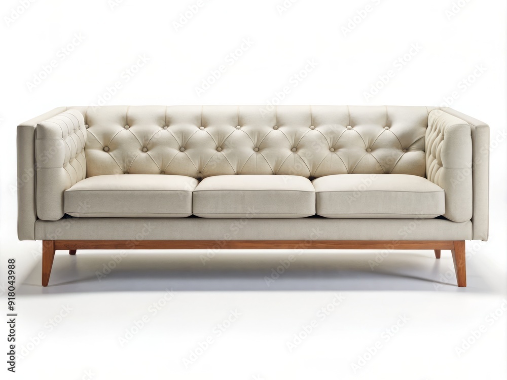 Minimalist white background showcases a sleek, modern sofa with clean lines, tufted upholstery, and wooden legs, ideal for interior design and furniture marketing. Minimalist white background showcases a sleek, modern sofa with clean lines, tufted upholstery, and wooden legs, ideal for interior design and furniture marketing.