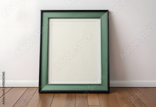 A black picture frame on a wooden floor against a white wall