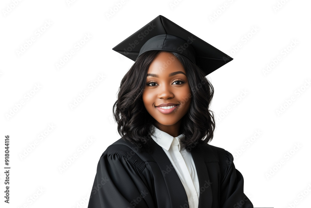 Black female college graduate with graduation dress on transparent background Black female college graduate with graduation dress on transparent background