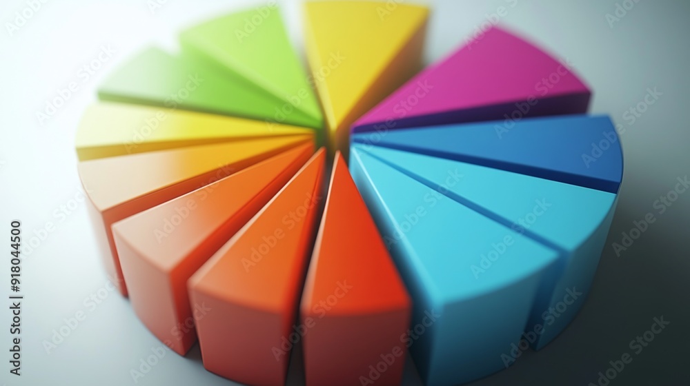 Obraz premium A top-down view of a 3D pie chart with vibrant segments, displaying data in a visually engaging manner, with a focus on the depth and dimensionality of the chart.