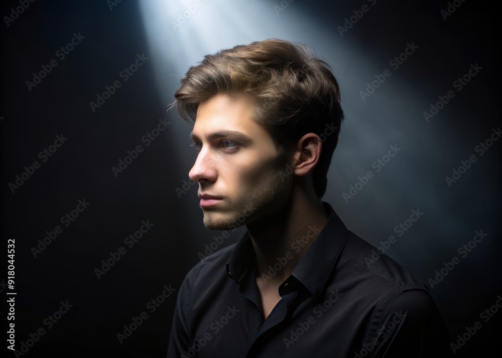 Moody portrait of a contemplative young man in black clothes, illuminated by a single beam of light, conveying introspection and emotional depth against a dark studio backdrop. Moody portrait of a contemplative young man in black clothes, illuminated by a single beam of light, conveying introspection and emotional depth against a dark studio backdrop.