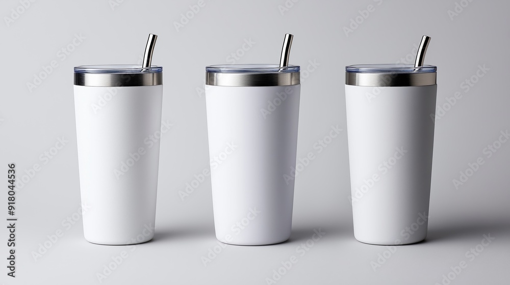 Three white cups with straws in them. The cups are all the same color and have a silver rim Three white cups with straws in them. The cups are all the same color and have a silver rim