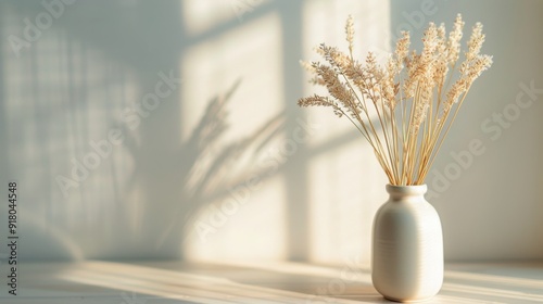 Dried Flowers in a Simple Vase Against a Warm Wall in Soft Morning Light