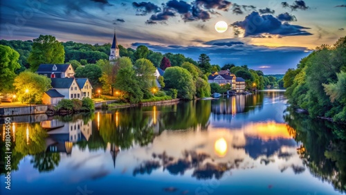 Moonlit evening sky casts a serene glow over the tranquil Connecticut River, with lush trees and quaint buildings reflected in the calm water's surface. photo