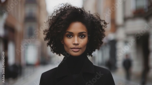 Confident Young Woman Stands on Urban Street in Winter Attire on a Gloomy Day