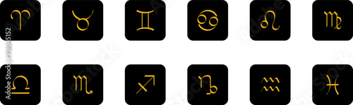 Zodiac signs icons. Aries, leo, gemini, taurus, scorpio, aquarius, pisces, sagittarius, libra, virgo, capricorn and cancer. Vector illustration