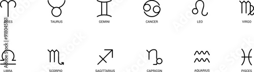 Zodiac signs icons. Aries, leo, gemini, taurus, scorpio, aquarius, pisces, sagittarius, libra, virgo, capricorn and cancer. Vector illustration