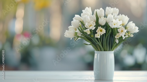 White Hydrangeas in a Clear Vase on a Soft Blue Surface With Natural Light