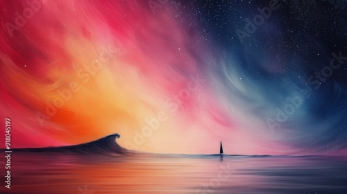 Vibrant Sunset Over Waves With Silhouette of a Figure on the Shore