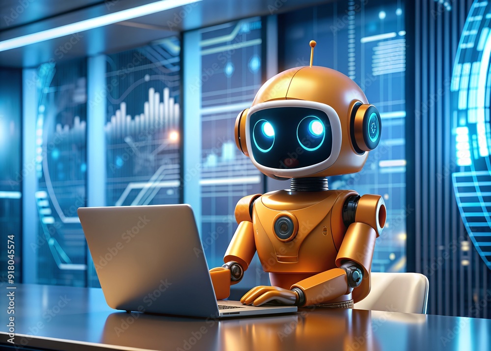 Adorable orange robot with big blue eyes working on a laptop in a modern tech office, surrounded by futuristic digital displays, representing AI in a professional environment Adorable orange robot with big blue eyes working on a laptop in a modern tech office, surrounded by futuristic digital displays, representing AI in a professional environment