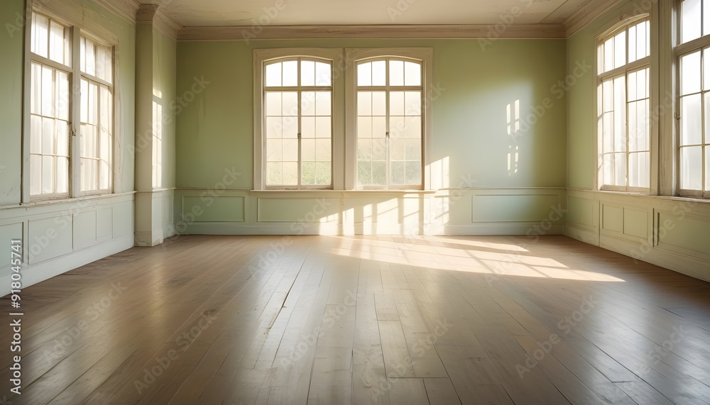 Empty room with large windows, hardwood floors, and teal curtains