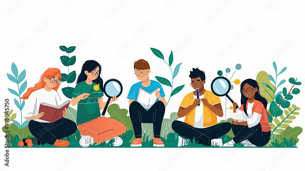 Science lesson, students with magnifying glasses, flat design illustration Science lesson, students with magnifying glasses, flat design illustration