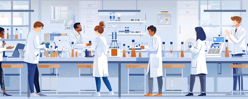 Science lab, students conducting experiments, flat design illustration Science lab, students conducting experiments, flat design illustration
