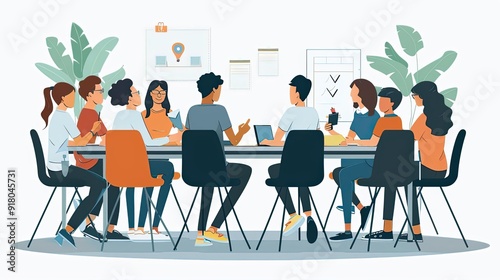 Student council meeting, discussing school events, flat design illustration
