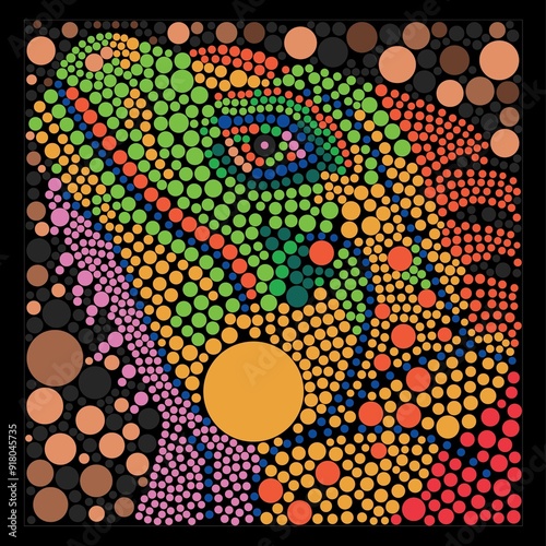 from the circle, the colors form an iguana pattern, abstract