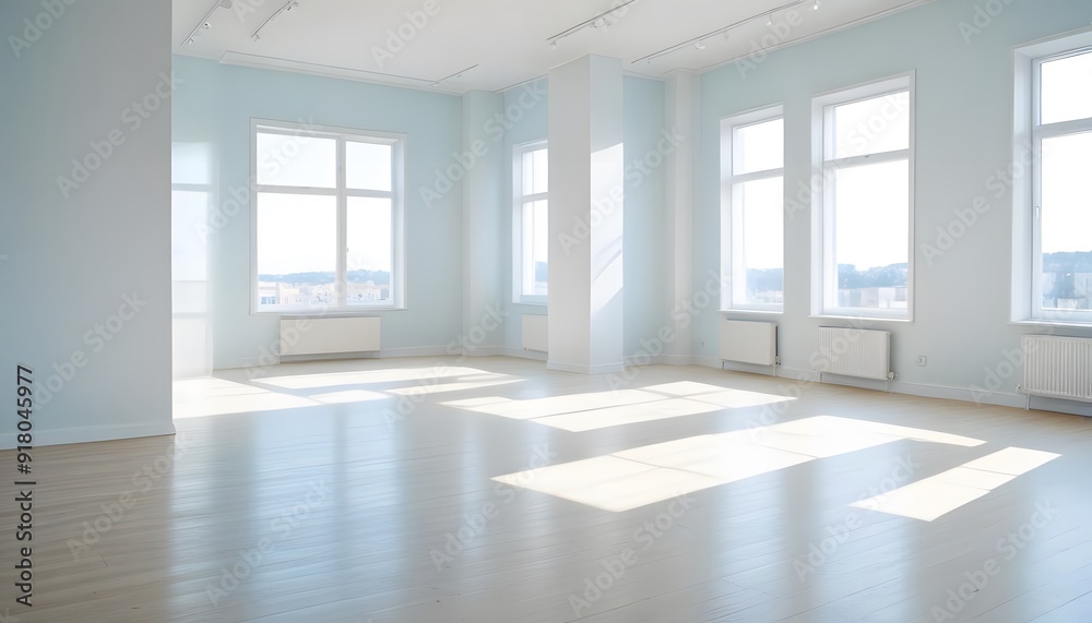 Empty room with large windows, hardwood floors, and teal curtains Empty room with large windows, hardwood floors, and teal curtains