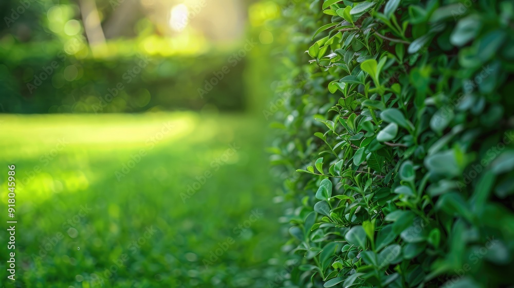 Close-up of hedge fence in grassy backyard with space for text