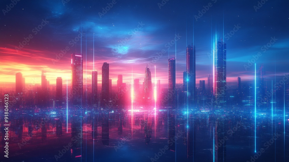 A city skyline is reflected in the water A city skyline is reflected in the water