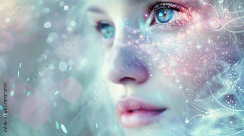 Abstract close-up of a fairyâs face with a soft glow, surrounded by swirling mist and magical sparkles photo