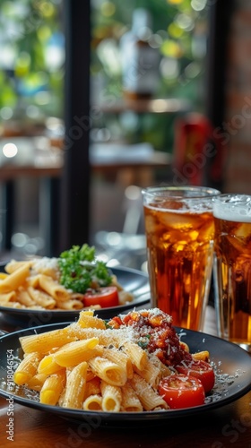 Delicious Pasta with French Fries and Soft Drinks