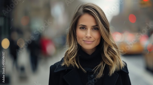 Confident Young Woman Stands on Urban Street in Winter Attire on a Gloomy Day
