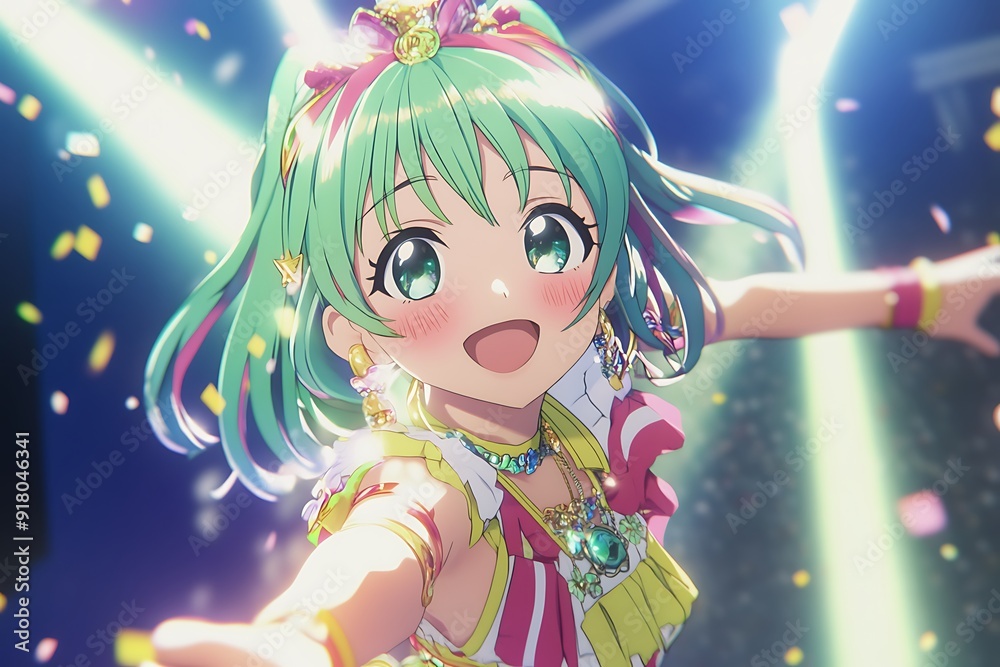 Cheerful Anime Girl with Green Hair and Colorful Outfit.
