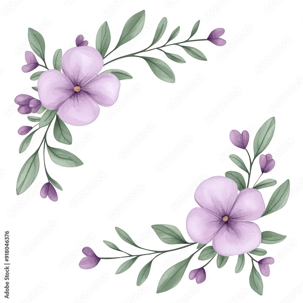 Delicate floral frame featuring charming purple flowers and lush green leaves, perfect for invitations and creative designs. transparent background Delicate floral frame featuring charming purple flowers and lush green leaves, perfect for invitations and creative designs. transparent background