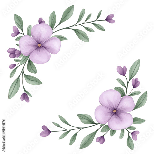 Delicate floral frame featuring charming purple flowers and lush green leaves, perfect for invitations and creative designs. transparent background