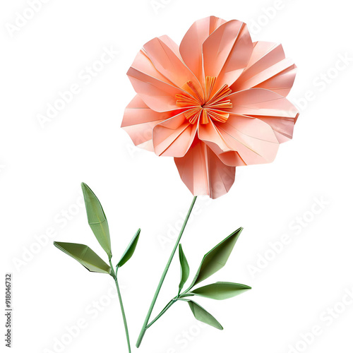 Angled view of a peach orange origami cosmos flower isolated on a white transparent background.