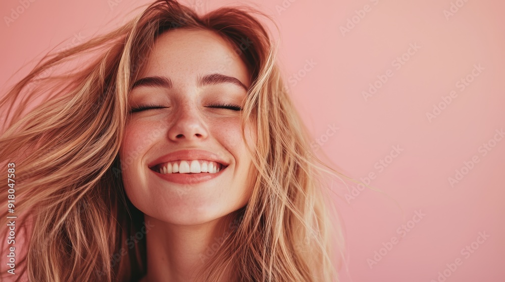 Happy Woman in Studio with Cosmetic Shampoo and Treatment Results on Pink Background Generative AI Happy Woman in Studio with Cosmetic Shampoo and Treatment Results on Pink Background Generative AI