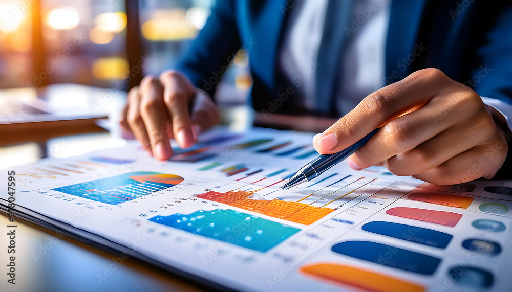 hand analyzing financial document colorful charts representing business data review hand analyzing financial document colorful charts representing business data review