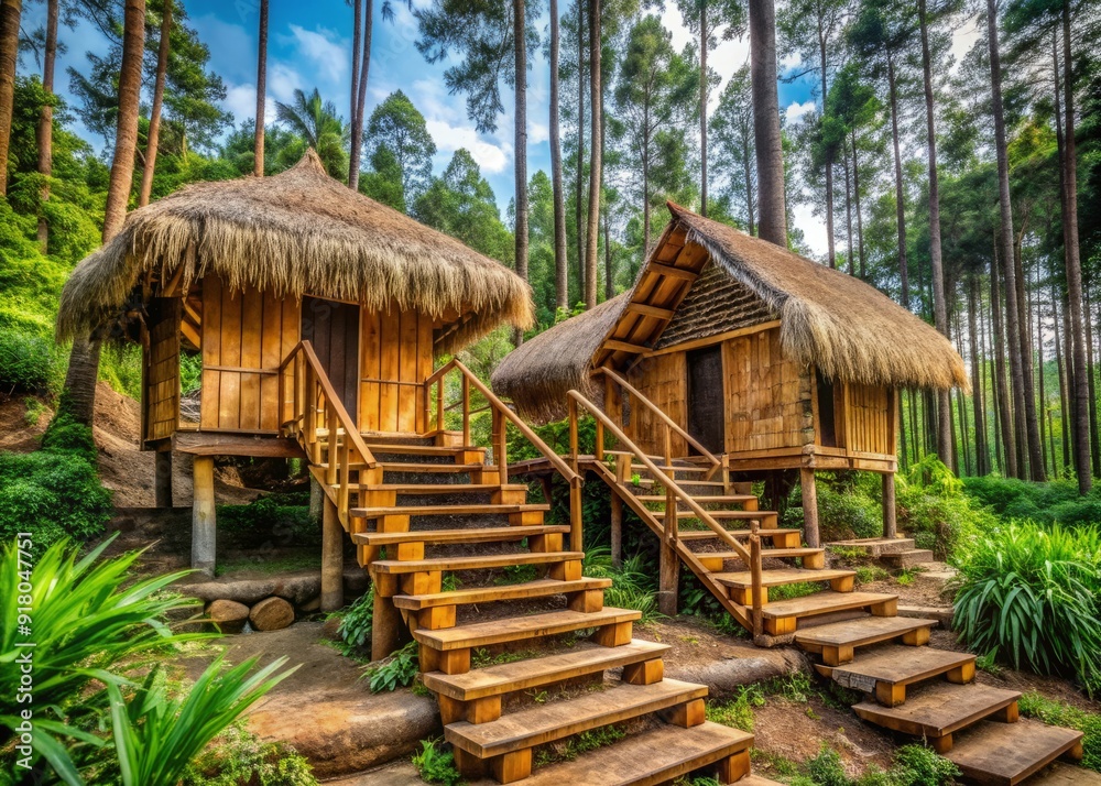 Sustainable palm fiber huts with stairs, doors, and windows blend modern style with natural surroundings, nestled among pine trees in a serene forest setting. Sustainable palm fiber huts with stairs, doors, and windows blend modern style with natural surroundings, nestled among pine trees in a serene forest setting.