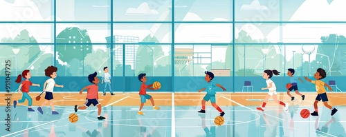 Physical education class, kids playing sports, flat design illustration