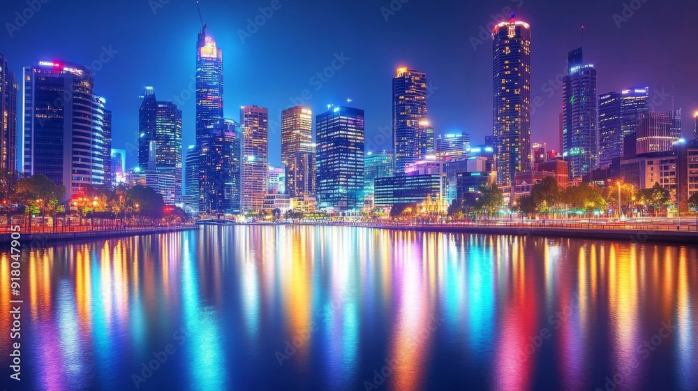 Naklejka premium A wide shot of gleaming tall buildings next to a river, with vibrant city lights and a clear reflection in the calm water, capturing the beauty of urban architecture.