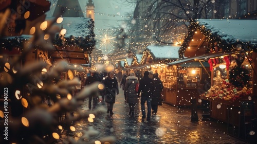 Nighttime Christmas market filled with festive decorations, snow-covered streets, and the warmth of holiday tradition.