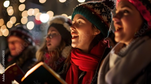 Joyful group of carolers singing traditional Christmas songs outdoors, spreading warmth and festive cheer in the winter night. photo