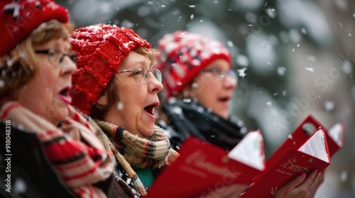 Joyful group of carolers singing traditional Christmas songs outdoors, spreading warmth and festive cheer in the winter night. photo