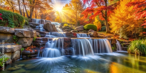 Vibrant autumn hues surround a serene garden waterfall, showcasing the intricate textures of flowing clear water, speeding down a natural stone cascade in warm sunlight.