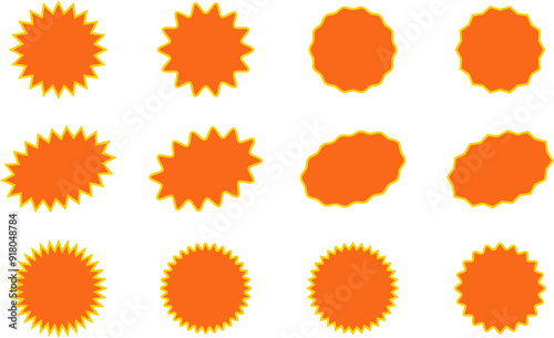Orange round price stickers, sunburst promo tags, retro discount emblems. Collection of special offer sale oval and round shaped sunburst labels and badges. Vector .