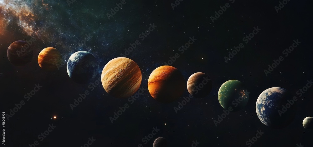 Cosmic Creation: A Unique Astronomical Concept Featuring an Array of Planets in Diverse Colors and Sizes, Emblematic of the Drama of Outer Space and the Birth of the Universe. Cosmic Creation: A Unique Astronomical Concept Featuring an Array of Planets in Diverse Colors and Sizes, Emblematic of the Drama of Outer Space and the Birth of the Universe.