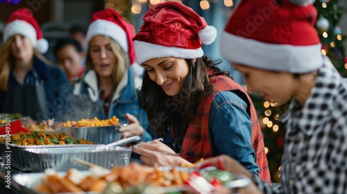 Festive Christmas photo of a joyful mixed race woman volunteering at a charity spreading holiday cheer and helping those in need at a soup kitchen. photo